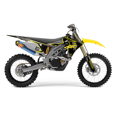 Yellow and black dirt bike with graphic kit, side view of panels and rear fender