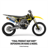 Yellow and black dirt bike with graphic kit, full side profile of decals and plastics