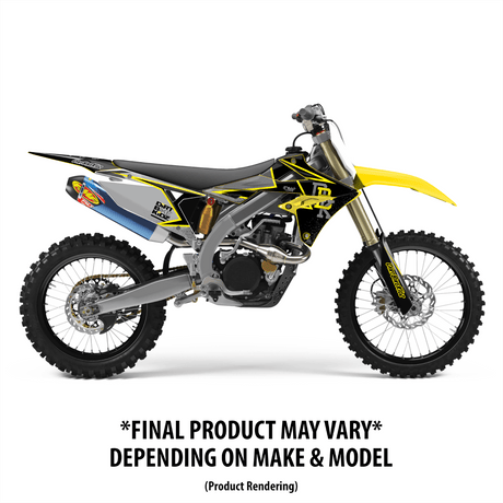 Yellow and black dirt bike with graphic kit, full side profile of decals and plastics