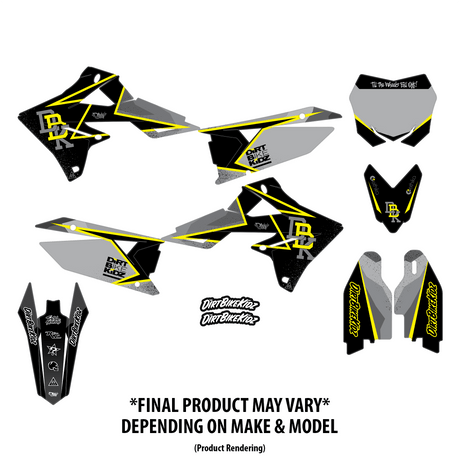 Set of dirt bike graphic decals in black and gray with yellow accents, multiple parts
