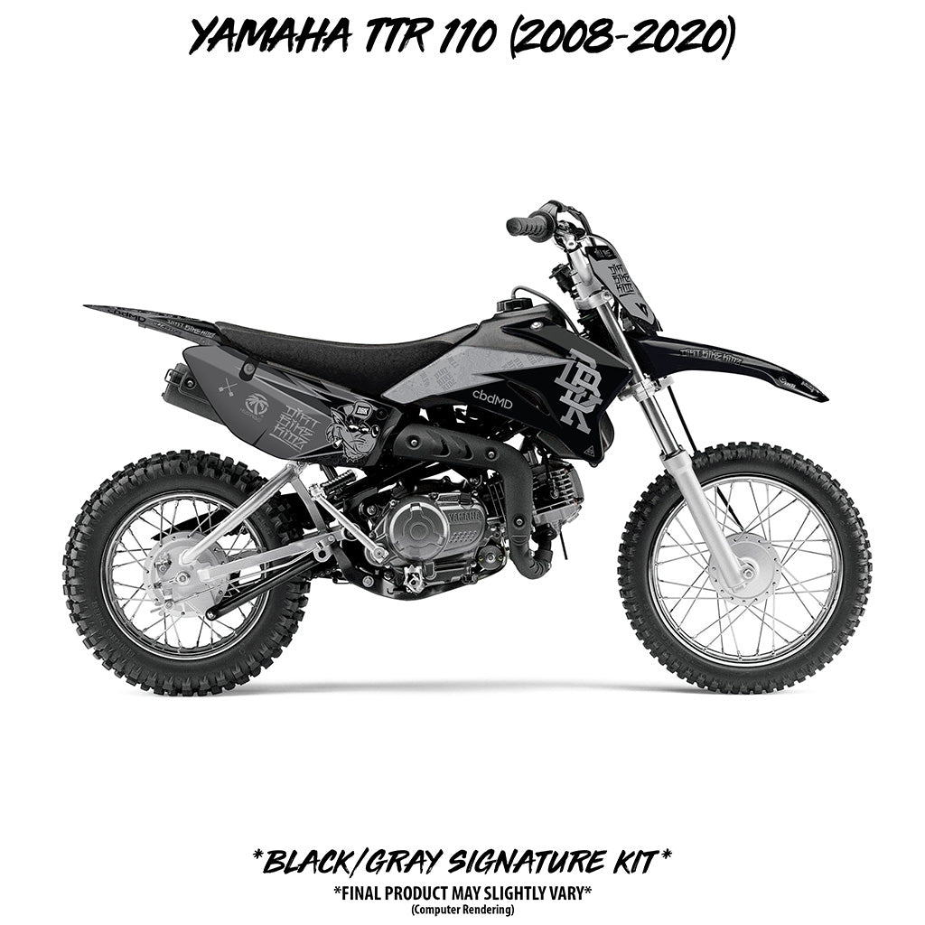 Yamaha TTR 110 signature kit, black and gray dirt bike side view with decals