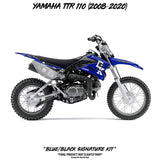 Yamaha TTR 110 signature kit, blue and black dirt bike side view with decals