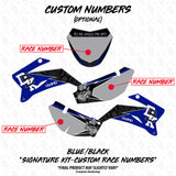 Yamaha TTR 110 blue and black custom race numbers decal kit layout on panels