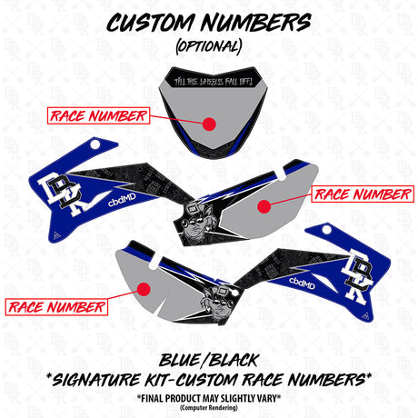 Yamaha TTR 110 blue and black custom race numbers decal kit layout on panels