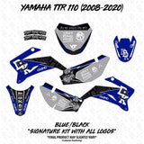 Yamaha TTR 110 blue and black signature decal kit pieces, front and side panels