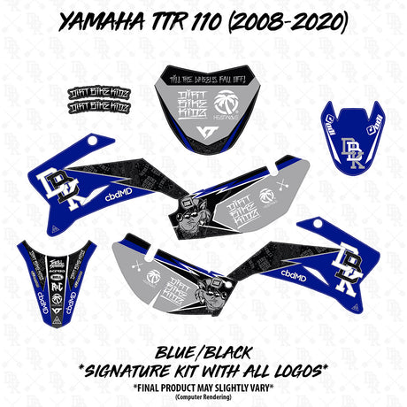 Yamaha TTR 110 blue and black signature decal kit pieces, front and side panels
