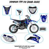 Yamaha TTR 110 signature kit with part locations, blue and black decal diagram