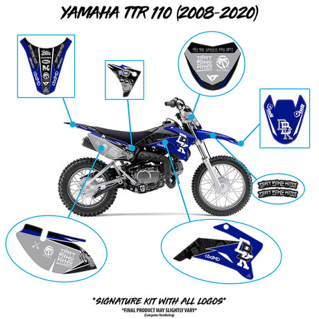 Yamaha TTR 110 signature kit with part locations, blue and black decal diagram