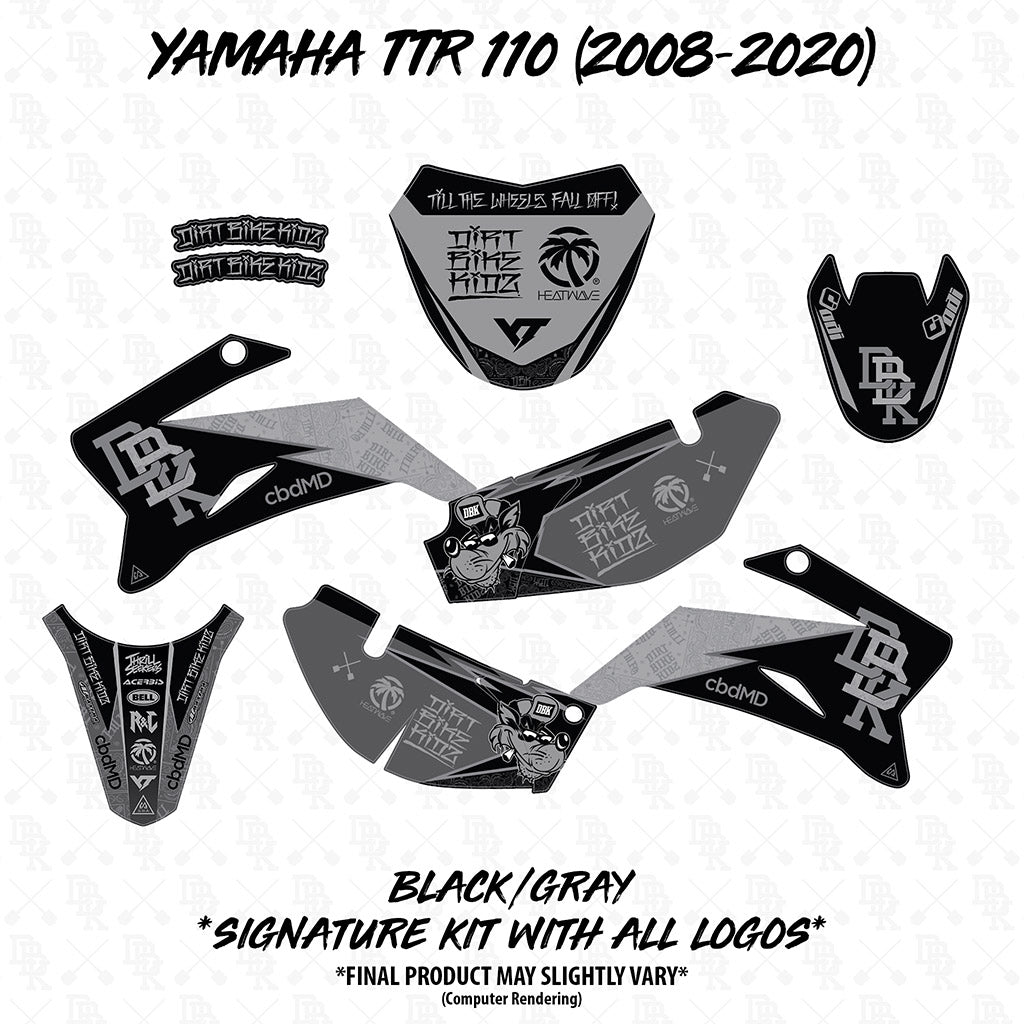 Yamaha TTR 110 black and gray signature decal kit pieces, front and side panels