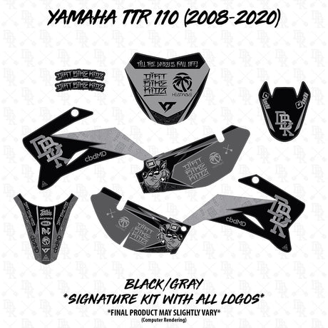 Yamaha TTR 110 black and gray signature decal kit pieces, front and side panels