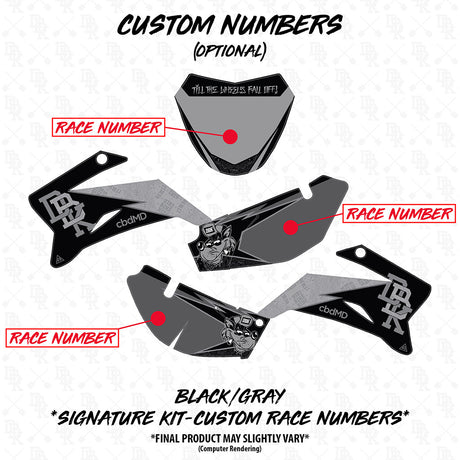 Yamaha TTR 110 black and gray custom race numbers decal kit layout on panels