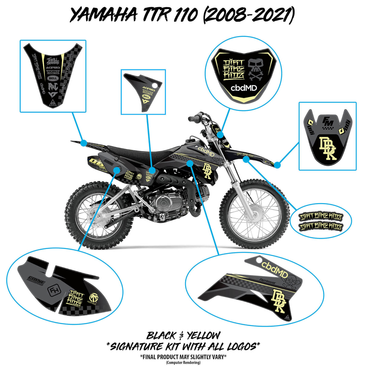 Motorcycle graphics kit placement diagram in black with yellow accents on TTR 110 parts