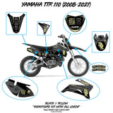 Motorcycle graphics kit placement diagram in black with yellow accents on TTR 110 parts