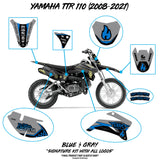 Yamaha TTR 110 (2008–2021) decal placement overview for blue/gray Hillside Burners kit