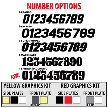 Motorcycle graphics number option chart with style examples