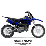 Yamaha TTR 110 Twitch Edition dirt bike, blue and black graphics, front three-quarter view