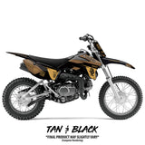 Yamaha TTR 110 Twitch Edition dirt bike, tan and black graphics, front three-quarter view