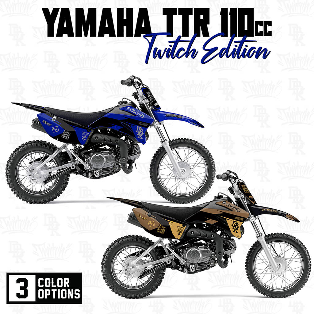 Yamaha TTR 110 Twitch Edition dirt bike, blue and black graphics, side view