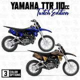 Yamaha TTR 110 Twitch Edition dirt bike, blue and black graphics, side view
