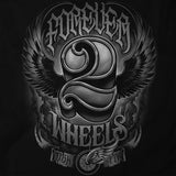Black graphic tee close-up of winged emblem and 2-style center print