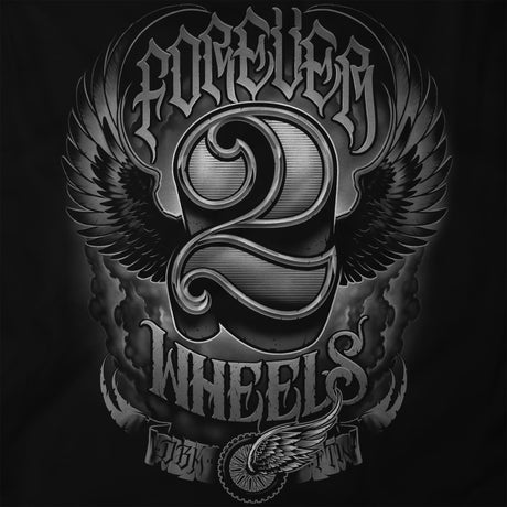 Close-up of 'Forever 2 Wheels' back print with winged number 2 emblem