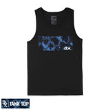 Black tank top with blue tie-dye print band and dbk logo at center chest