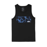 Black youth tank top with blue tie-dye band print and dbk logo across chest
