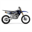 Dirt bike side panel and fairing graphic kit, blue and black decal set on motorcycle