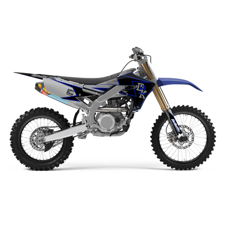 Dirt bike side panel and fairing graphic kit, blue and black decal set on motorcycle