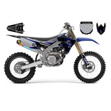 Motorcycle graphic decal kit on bike, blue and black side panels with front fender and number