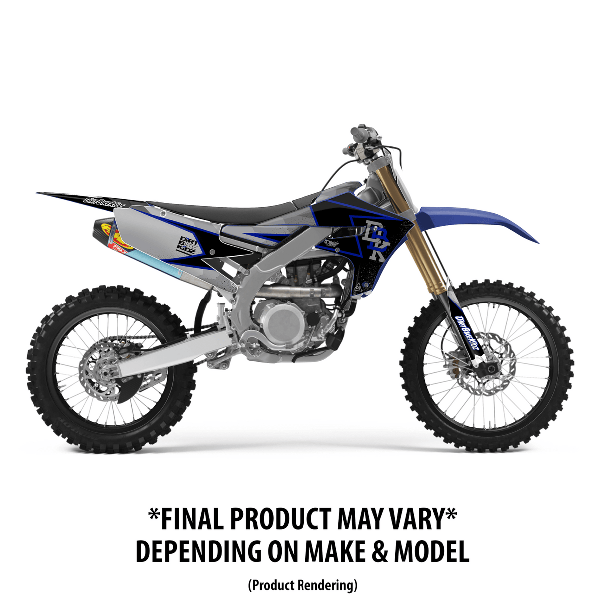 Dirt bike graphic decal kit shown on motorcycle with blue fairing and rear fender graphics