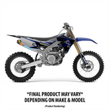 Dirt bike graphic decal kit shown on motorcycle with blue fairing and rear fender graphics