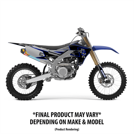 Dirt bike graphic decal kit shown on motorcycle with blue fairing and rear fender graphics