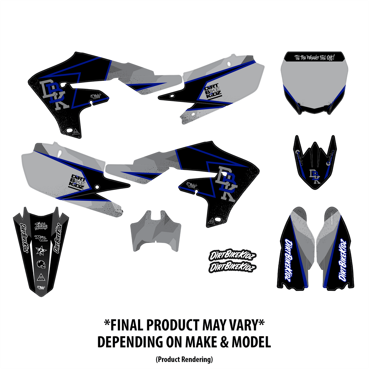 Motorcycle graphic decal kit parts set with blue and black panels and matching number pieces