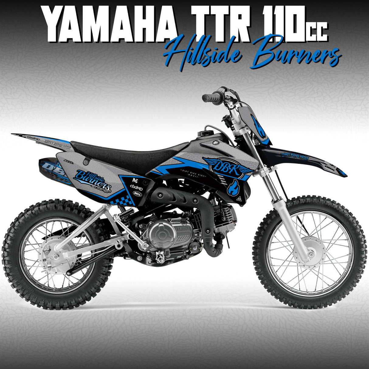 Yamaha TTR 110 Hillside Burners graphics kit on blue/gray dirt bike side and front