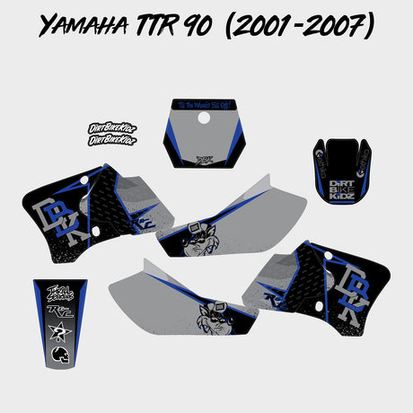 Motorcycle graphics kit decals, blue and black panels with dirt bike logos