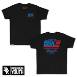 Youth premium tee, black, small blue chest DBK logo; short sleeves.