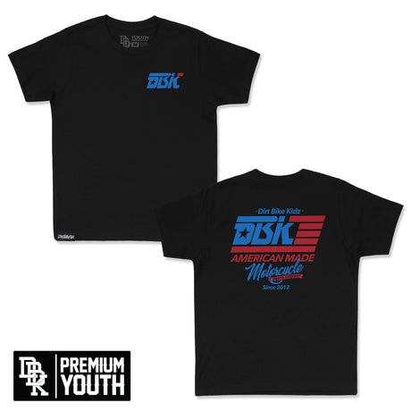 Youth premium tee, black, small blue chest DBK logo; short sleeves.