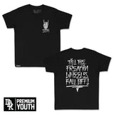 Youth premium tee in black with white chest hand logo graphic