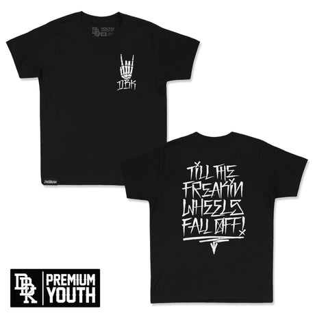 Youth premium tee in black with white chest hand logo graphic