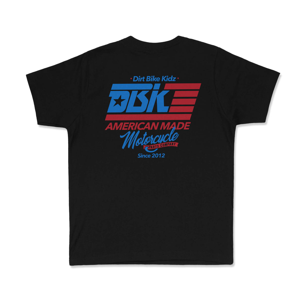 Youth premium tee back, black, large DBK graphic with American Made Motorcycle text.