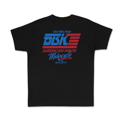 Youth premium tee back, black, large DBK graphic with American Made Motorcycle text.