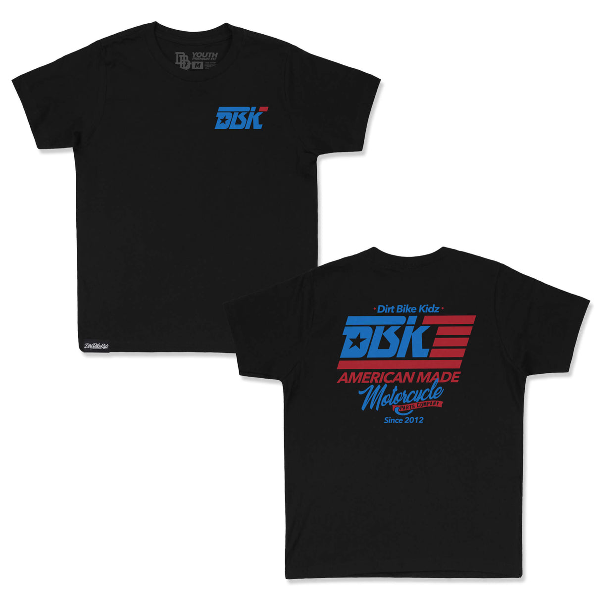 Youth premium tee set, black; front shows blue DBK logo, back has large DBK graphic.