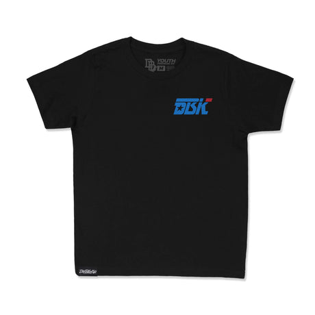 Youth premium tee, black, centered blue DBK logo on front; short sleeves.