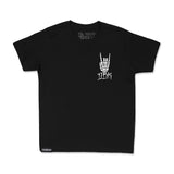 Youth premium tee in black with small white chest hand logo graphic