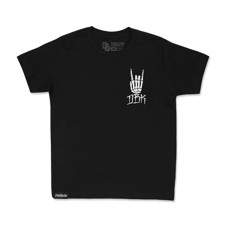 Youth premium tee in black with small white chest hand logo graphic