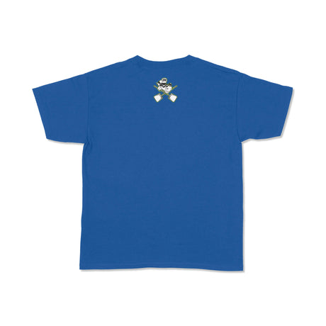 Royal blue youth T-shirt with small chest mascot logo print