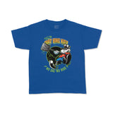 Royal blue youth T-shirt with large 'No Dig No Ride' bike mascot print