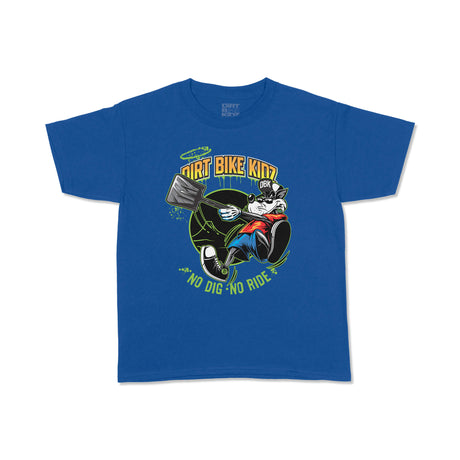 Royal blue youth T-shirt with large 'No Dig No Ride' bike mascot print