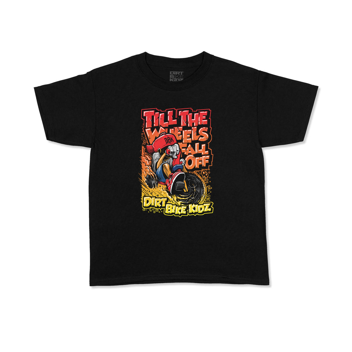 Youth black T-shirt with colorful motocross graphic and “Dirt Bike Kidz” lettering